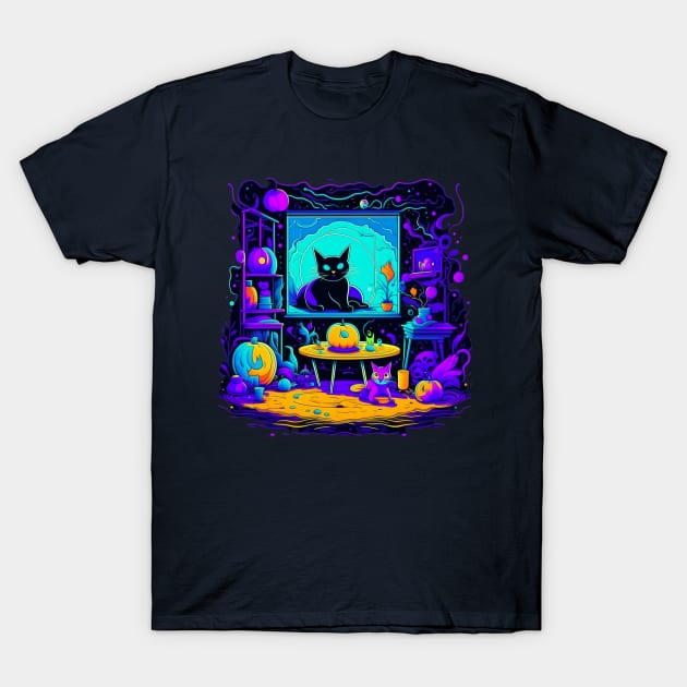 Abstract Psychedelic Halloween Home Decor Room With Kitties, Black Cat T-Shirt by vystudio